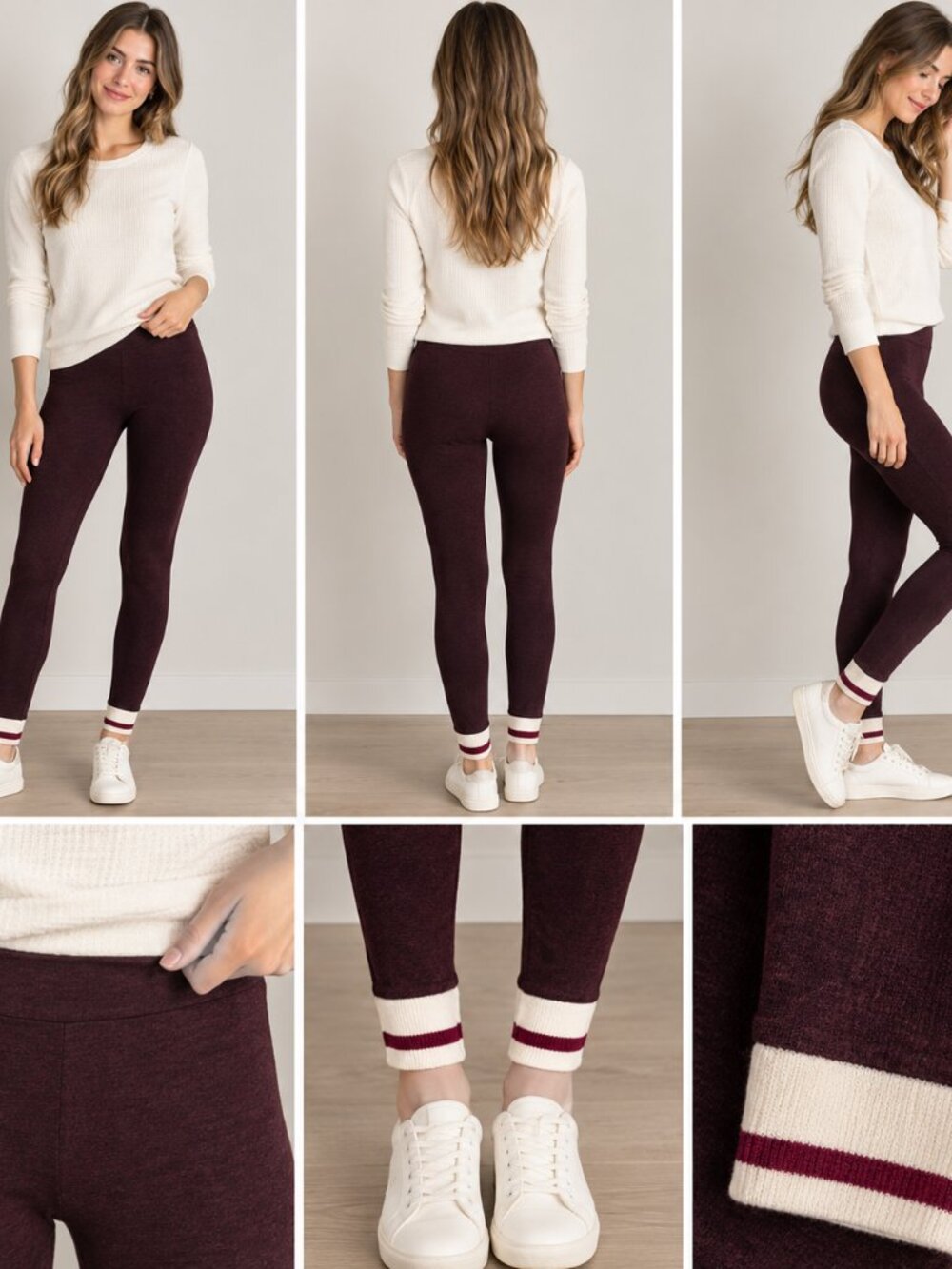 Garage Cozy Burgundy Leggings With Striped Cuffs Size Large